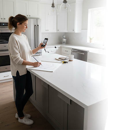 A woman standing in a modern kitchen, taking notes on a blueprint while holding a smartphone. The kitchen features a large white countertop and bright, airy design.